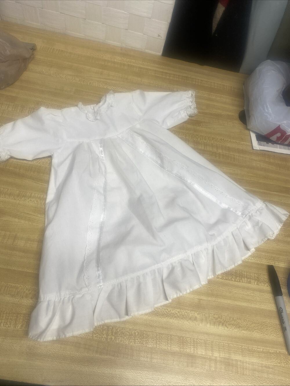 Vintage White Infant White Cotton Christening Gown Hand Smocked Eyelet 17” Long